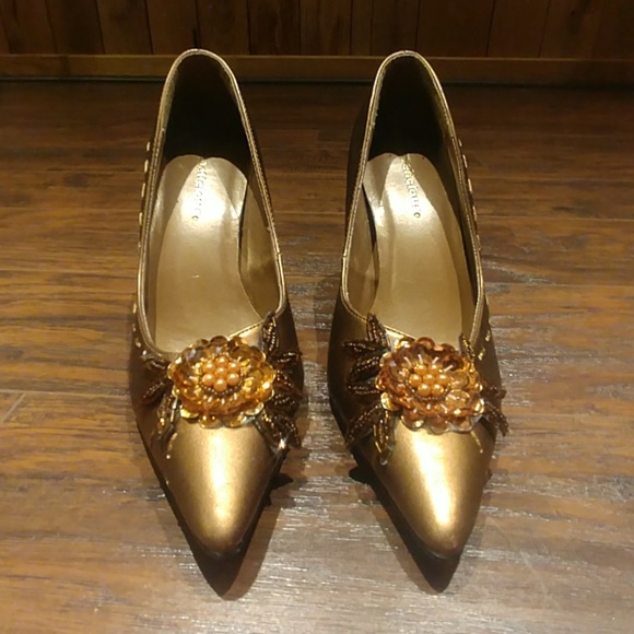 Delicious Shoes - Delicious Heels Gold Brown Flower Sequin Women 6.5